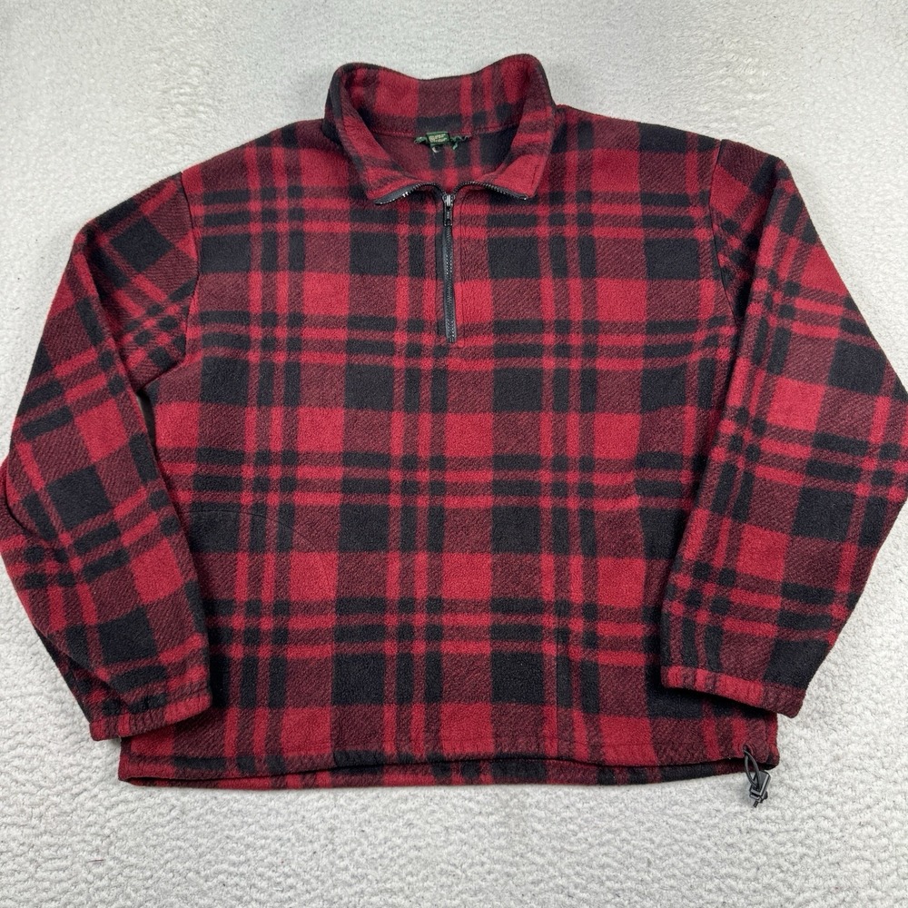 VTG J Crew Fleece‎ Sweater Men's L Oarsman 1/4 Zip Pullover Jacket Red Plaid USA